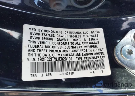 2018 Honda Civic Ex из США, поврежденный, VIN 19XFC2F79JE020192